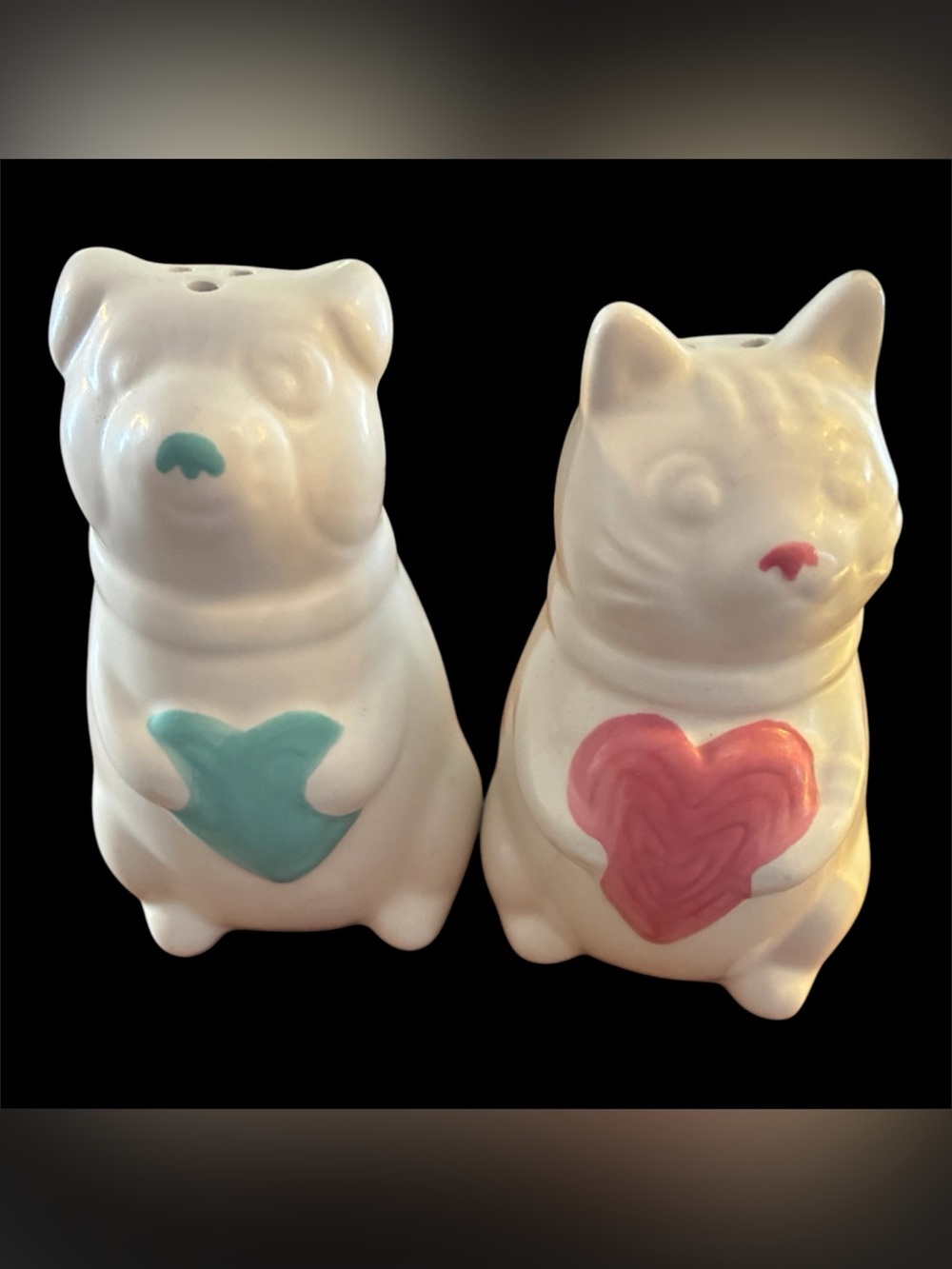 Target White Ceramic Dog & Cat Salt and Pepper Shakers with Pink and Teal Hearts